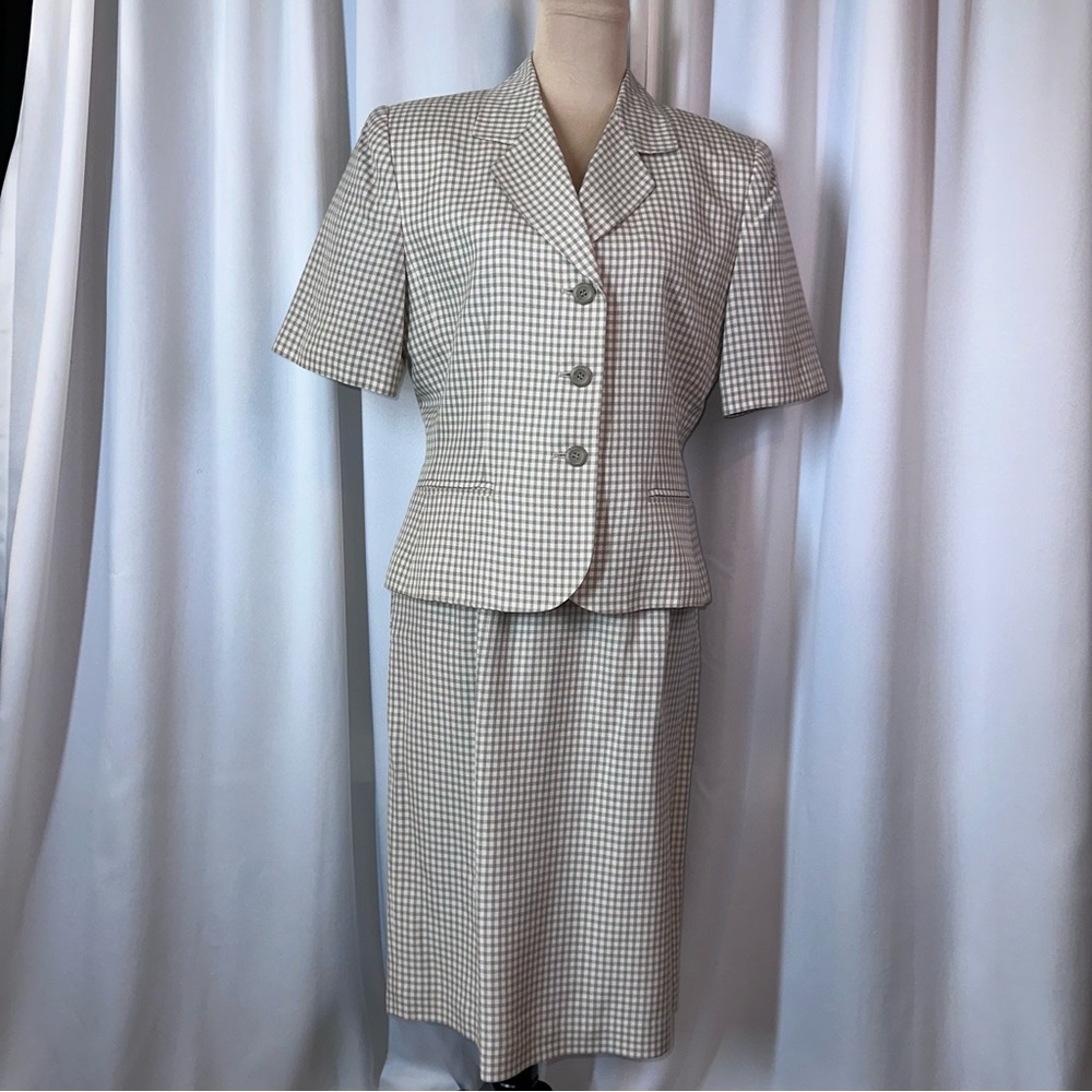 Le Suit Jacket Skirt Suit Sz‎ 8 Green Gingham Notch Collar 3 Button Lined